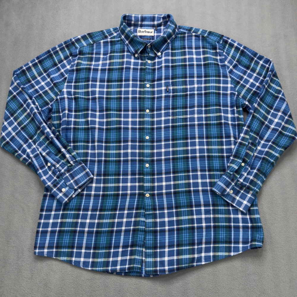 Barbour Finley Tailored Fit Shirt XL Blue Plaid Cotton Flannel